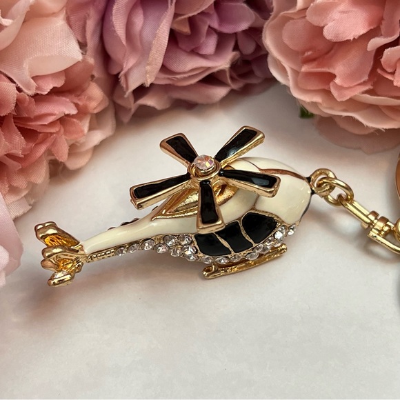Whimsical Black and White Crystal Helicopter Keychain Charm - Picture 6 of 16